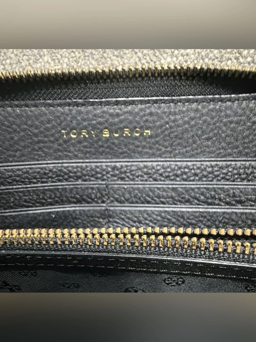 Tory Burch Black Pebbled Leather Zip Card Wallet with Gold Trim